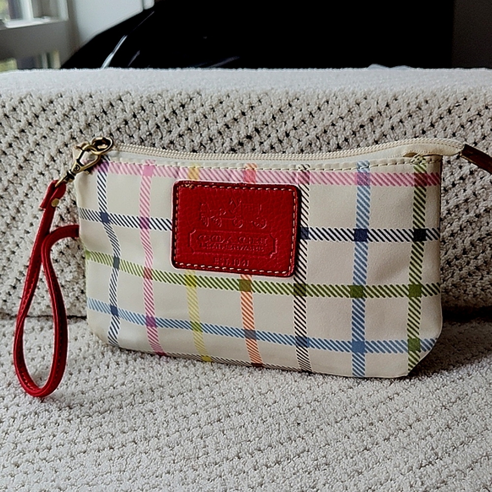 COACH Peyton Tattersall Cream/ Multicolor Plaid Wristlet with Red Leather Accent